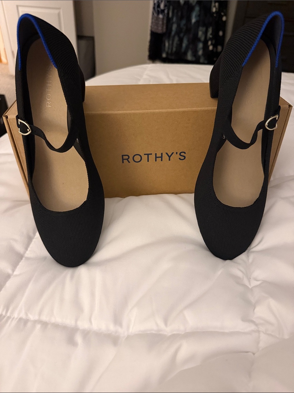 Rothy's Black Mary Jane with Block heel and Blue Trim Accent Size 9 New in Box